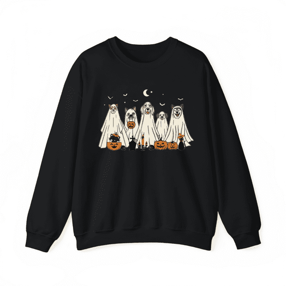 Halloween round neck, long sleeve Five Little Dogs Pumpkin pattern T-shirt top Fashion comfortable Black S-3XL