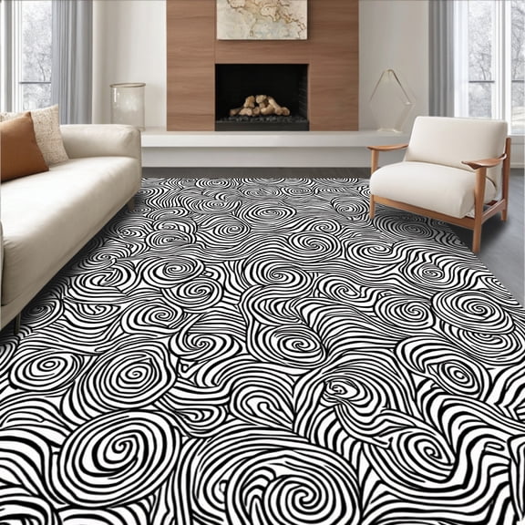 Flatwoven High Traffic Area Rug, Monochrome Tiger Stripe Swirl with Bold Contrast, Non Slip, Stain Resistant, Washable Area Rugs for Living Room, Bedroom(Black, 4X6)