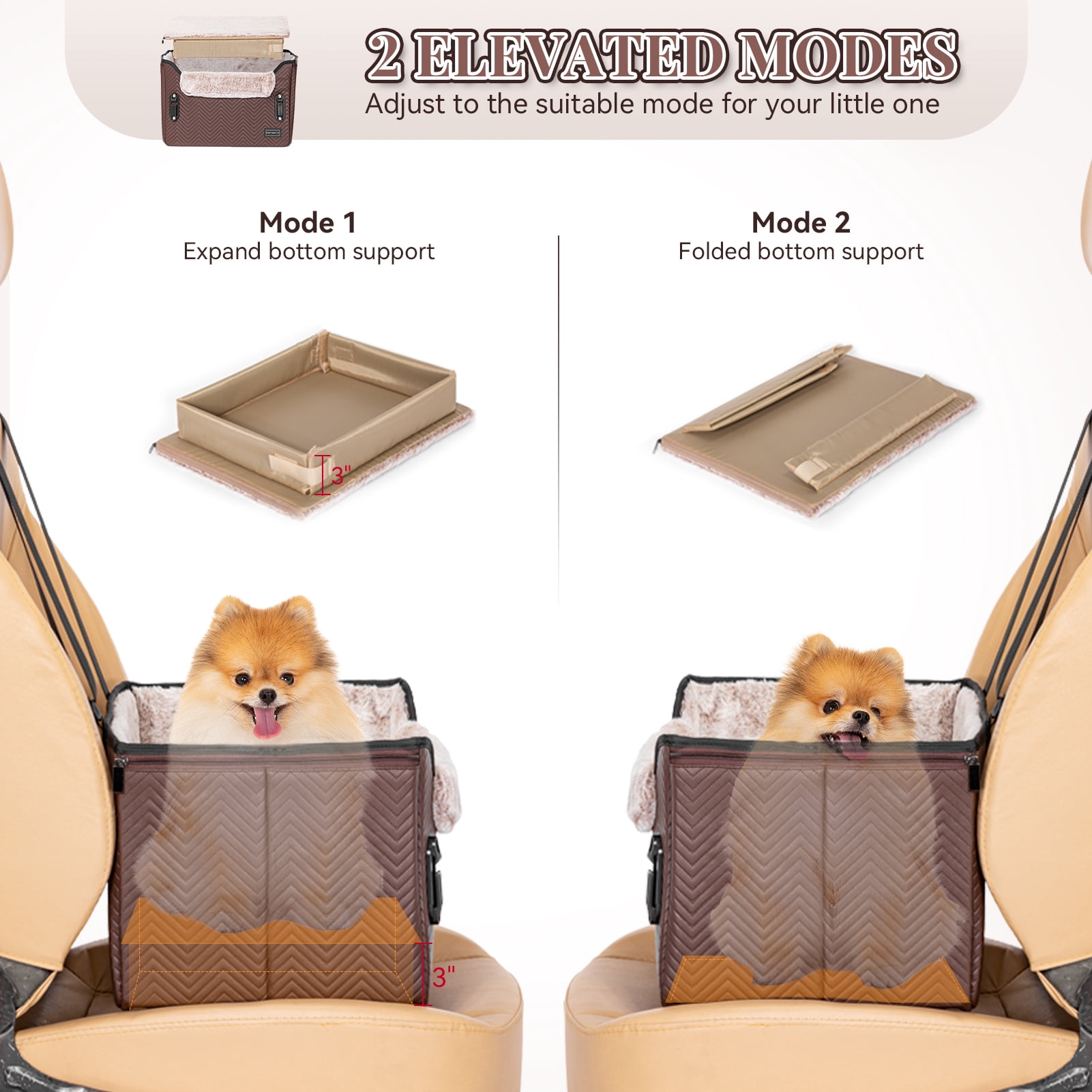PETSFIT Car Seat for Dogs, Waterproof PU Leather Dog Car Seat for Small Dogs with Patent Safe Buckles, Clip-On Leash, Pet Travel Carrier Bed for Small Pets Up to 25lbs ，Brown