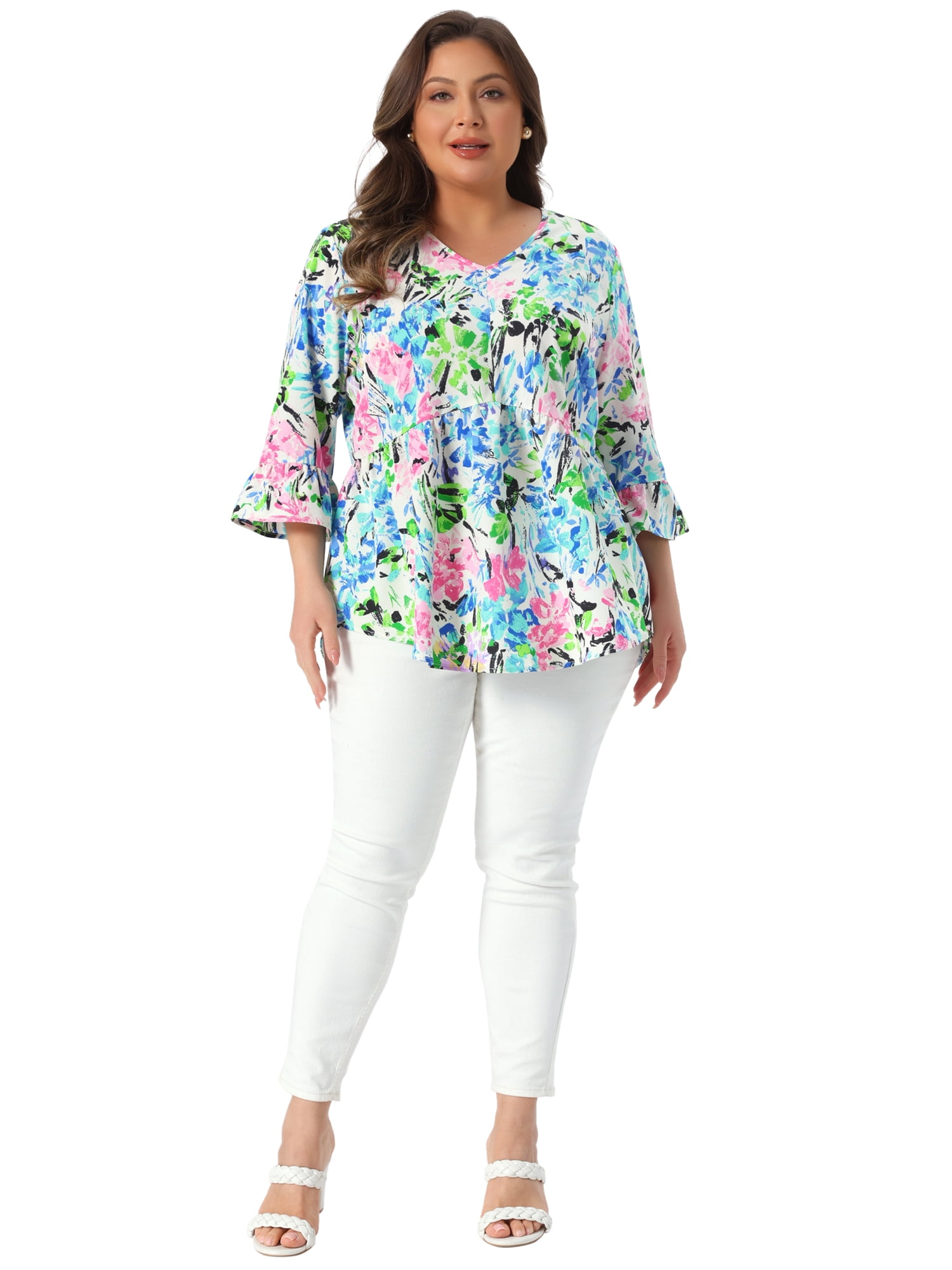 DARING DIVA Women's Plus Floral Blouses V Neck Ruffle Babydoll Peplum Tops 2X Pink Blue