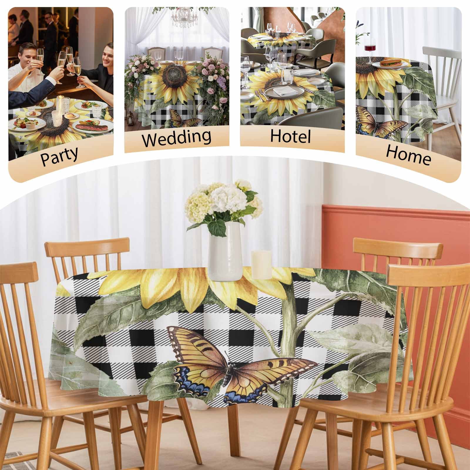 Round Tablecloth Vintage Floral Sunflower Waterproof Oil Proof Polyester Table Cloth Cover Decor for Home Dining Outdoor,Patio,Parties, 54" Dia. Black White Farmhouse Buffalo Plaid