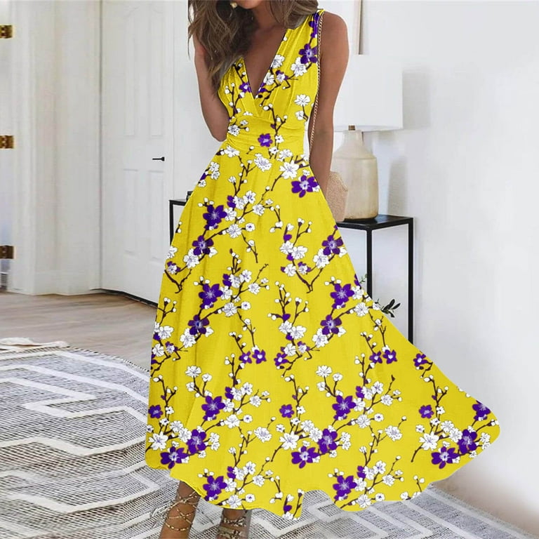 Uaswgudfs Elegant V-Neck Floral Midi Dress for Women 2025 - Sleeveless  Summer Sundress with Fitted Silhouette & Casual Elegance Yellow 3XL -  Walmart.com