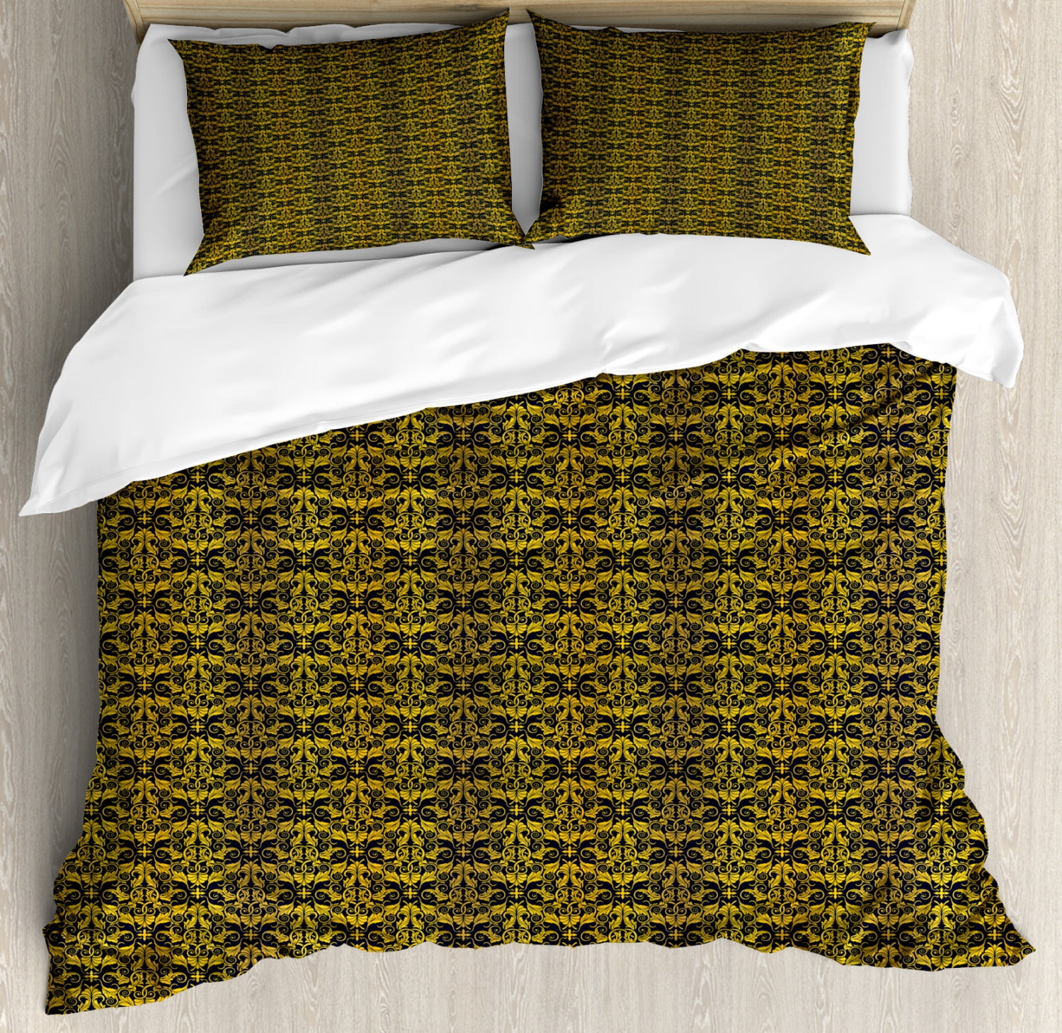 Yellow Damask King Size Duvet Cover Set, Elaborated Pattern