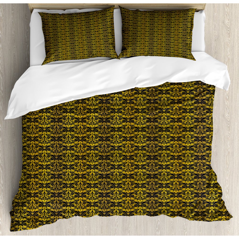 Yellow Damask King Size Duvet Cover Set, Elaborated Pattern