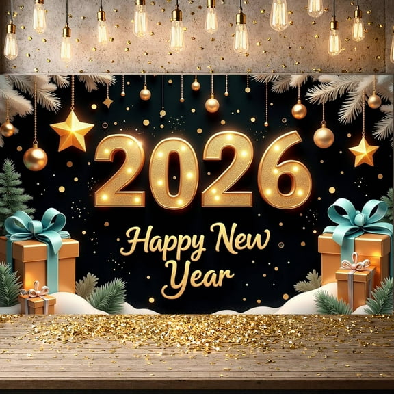 Gold Glitter Happy New Year Banner Golden Stars Festive Backdrop Gift Box Decor Shiny Lights 2026 Celebration Display for New Year Party Holiday Gathering Photo Shoot