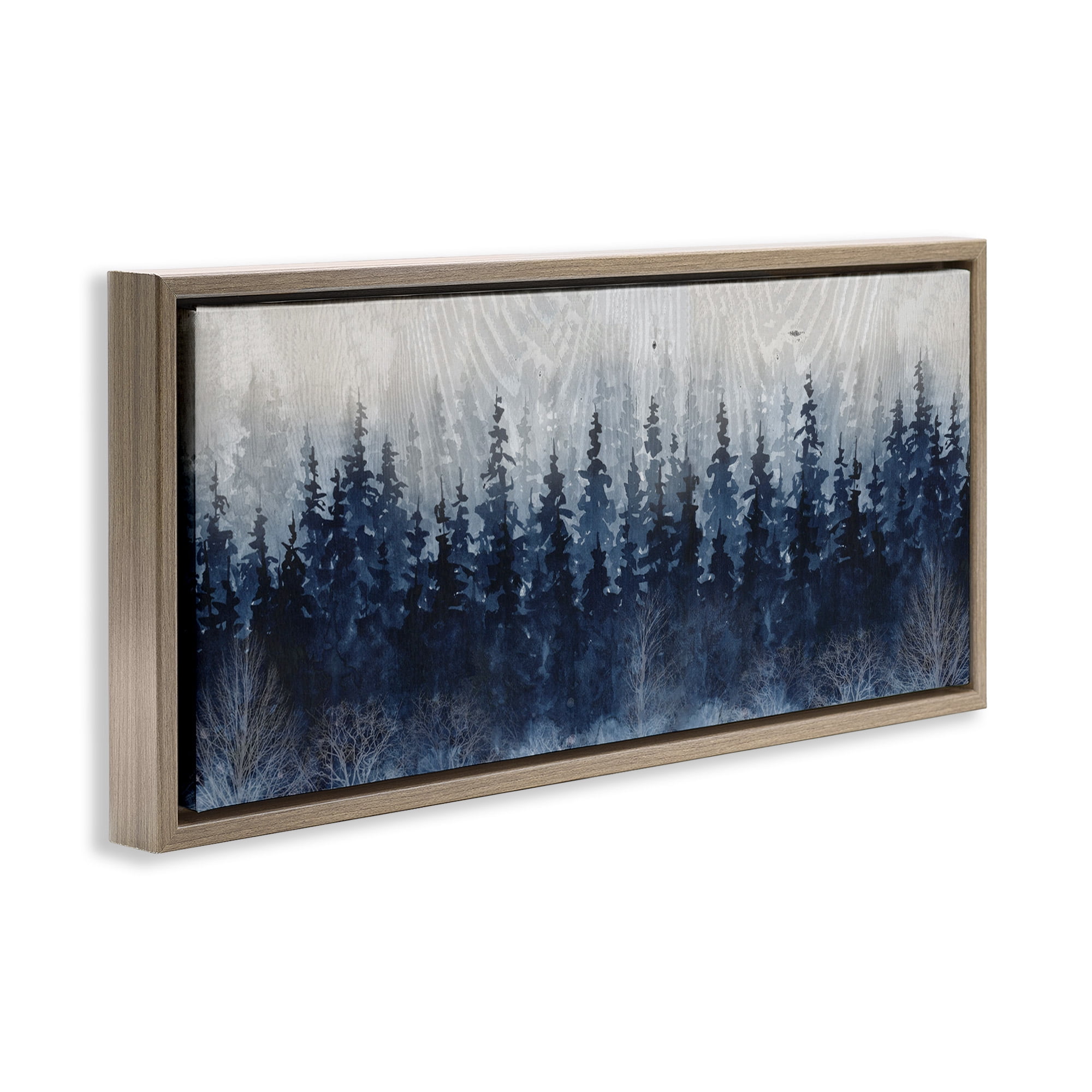 Stupell Industries Rustic Blue Forest Tree Line Landscape Painting Brown Floater Framed Canvas Art Print Wall Art, 31 x 14