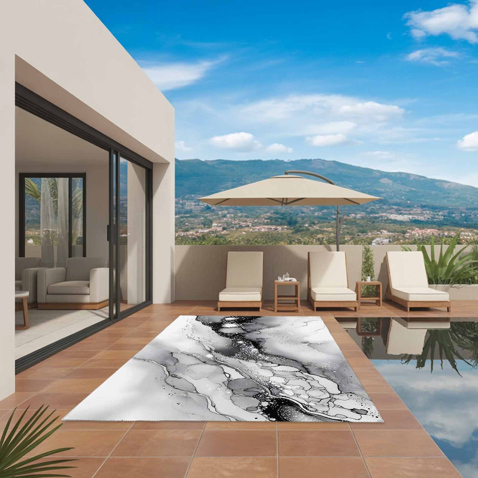 Outdoor Rug 5x8ft Ombre Gray Marble Texture Large Area Rug Abstract Style Indoor Outdoor Carpet Outdoor Rugs Mats for Patio Camping,RV,Front Door, Outside Decor