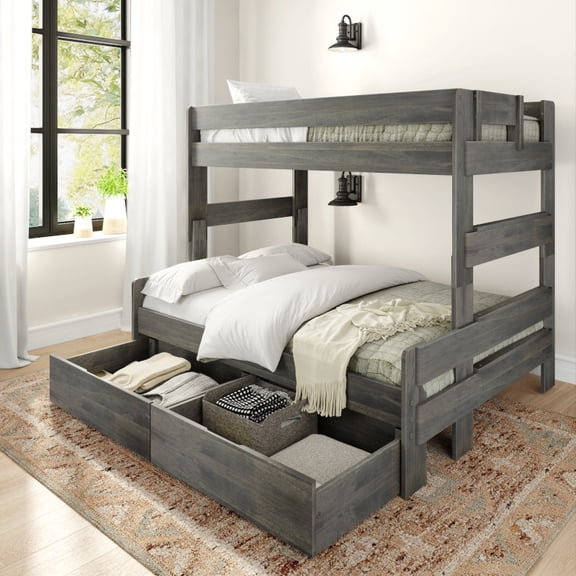 Plank Beam Solid Wood Farmhouse Twin over Full Bunk Bed Bed with Storage Drawers, Driftwood