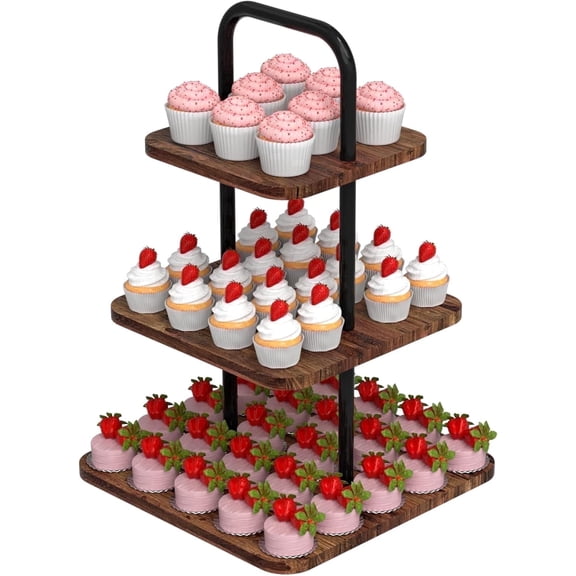 VyGrow Cupcake Stand, 3-Tier Display Stand for 32 Cupcakes, Wood & Metal Tower Display Premium Holder for Wedding Birthday Christmas Party, Square
