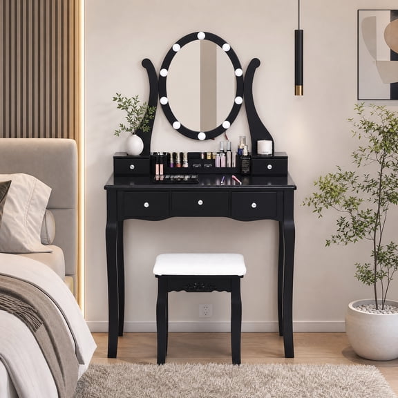 Makeup Vanity Table Set with 360° Rotatable Oval Mirror, 5 Drawers, Dressing Table with Padded Stool for Bedroom,Black