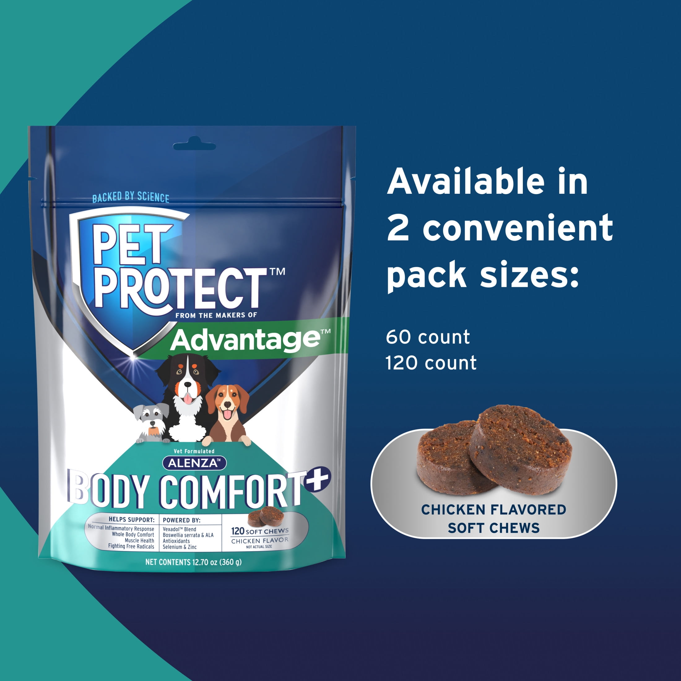 Pet Protect Dog Body Comfort+ Supplement, Vet-Formulated Alenza, Chicken, 120 Soft Chews