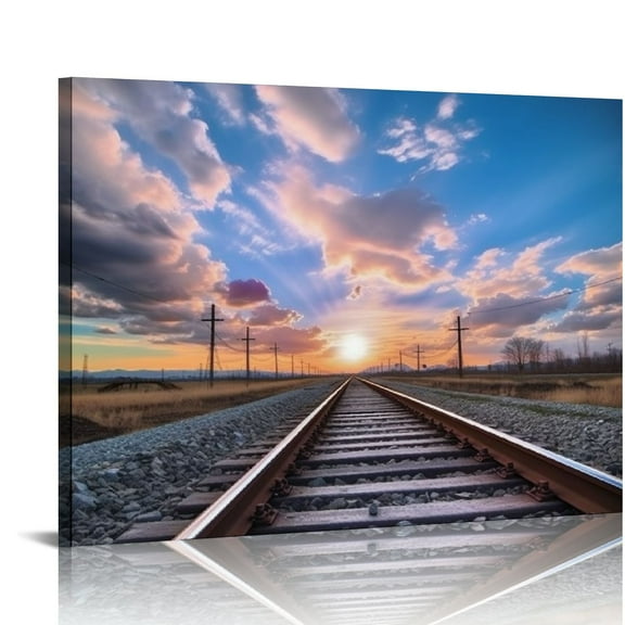 Nawypu Railway Poster Track Canvas Prints Sunset Wall Art For Home Decorations With Framed