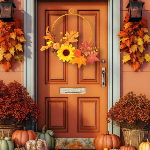 Decoraciones de Halloween, adornos de Halloween, regalos de Halloween, girasol artificial, corona decorativa de girasol, corona de metal de hoja de arce de Acción de Gracias, corona de metal para colg