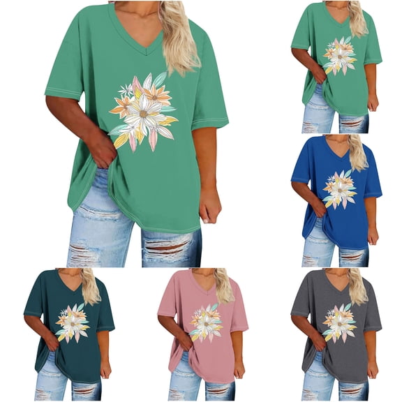 Inverlee Plus Size Floral Print Tshirts for Women Trendy Relax Fit Short Sleeve Tops Summer Versatile Breathable V Neck Tess