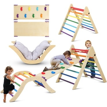 6 in 1 Pikler Triangle Set, Indoor Wooden Montessori Climbing Toys for Toddlers Age 1-6, Climbing Triangle Set with Slide and Climbing Ramp Toddler Indoor Playgrounds