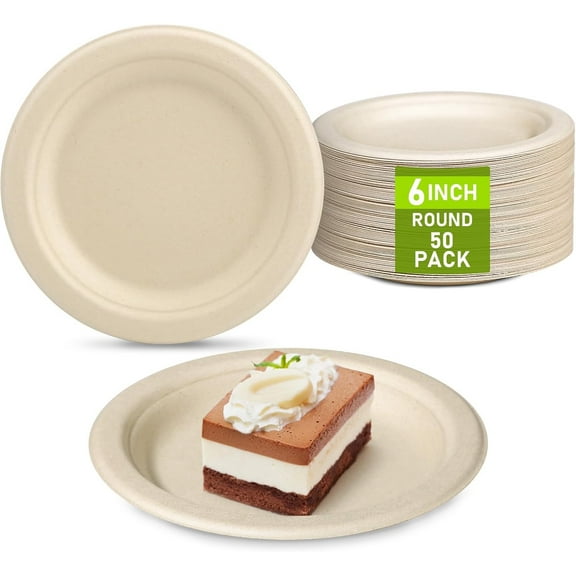 Small Eco Friendly Disposable Paper Plates, 50 Pack 6 inch Biodegradable Compostable Recycled Paper Dessert Plates