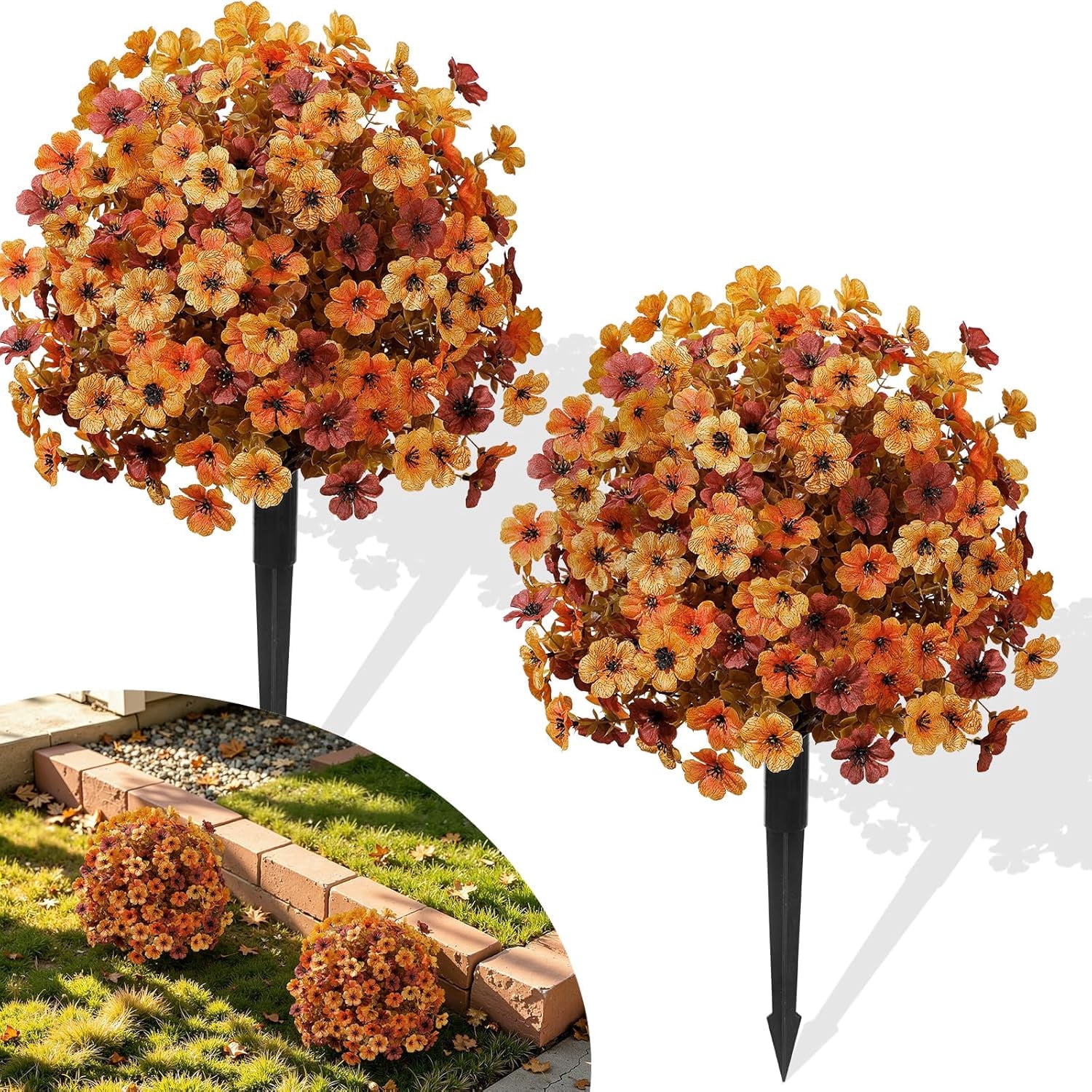 Lolsea 2 Pcs 20" Artificial Topiary Ball Flowers For Outdoors Planters, Fall Decoration with Spike, UV Resistant Faux Fall Plants, Orange, Brown, Yellow