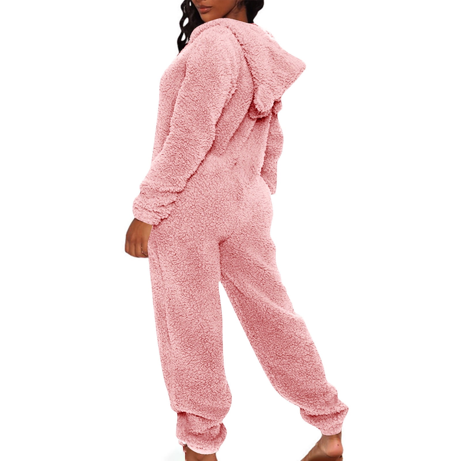Uaswgudfs Womens Fleece Onesies Pajamas Jumpsuit Warm Romper Sleepwear One Piece Zipper Hooded Playsuit Loungewear Pink 2XL