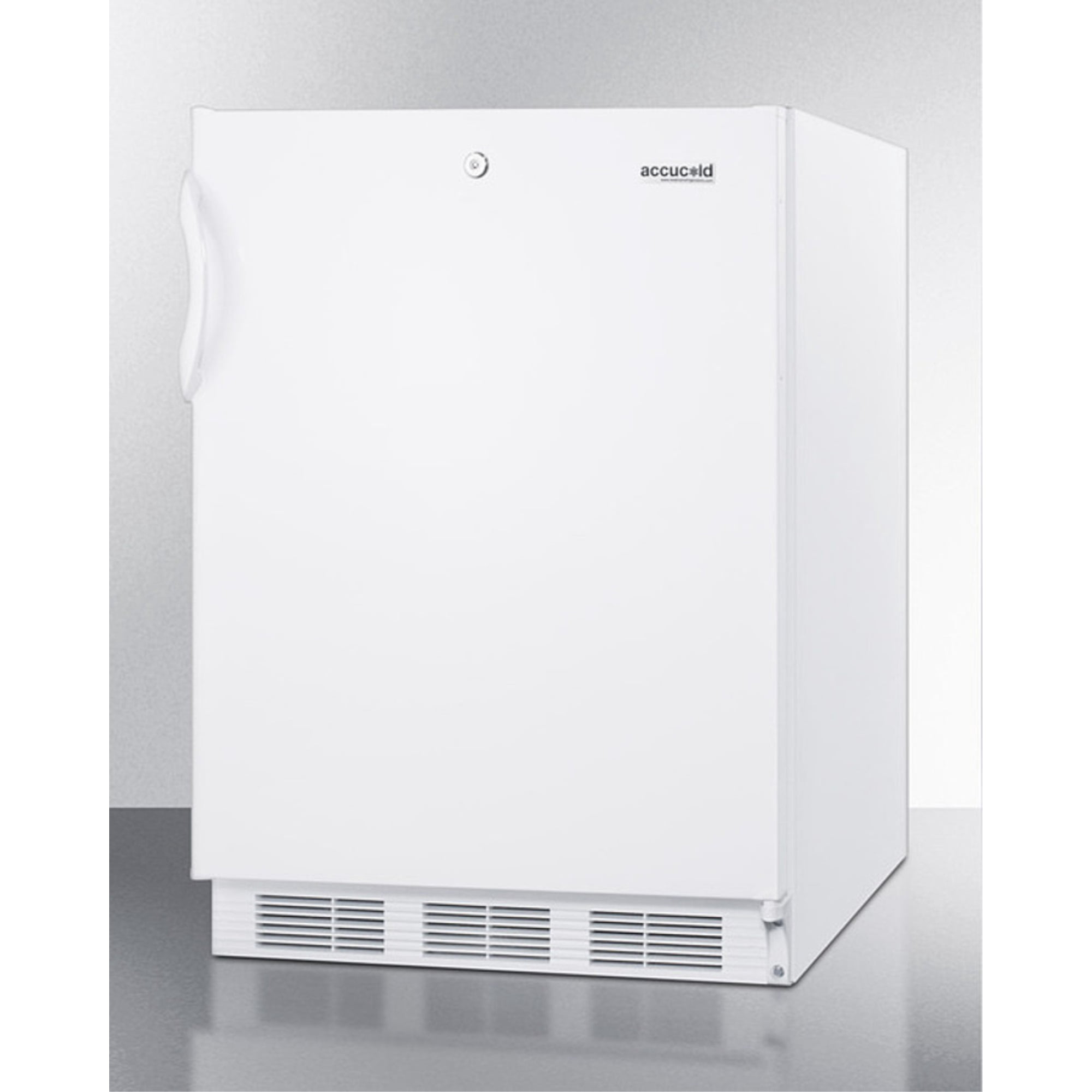 Freestanding ADA compliant refrigerator-freezer for general purpose use, with dual evaporator cooling, cycle defrost, lock, and white exterior