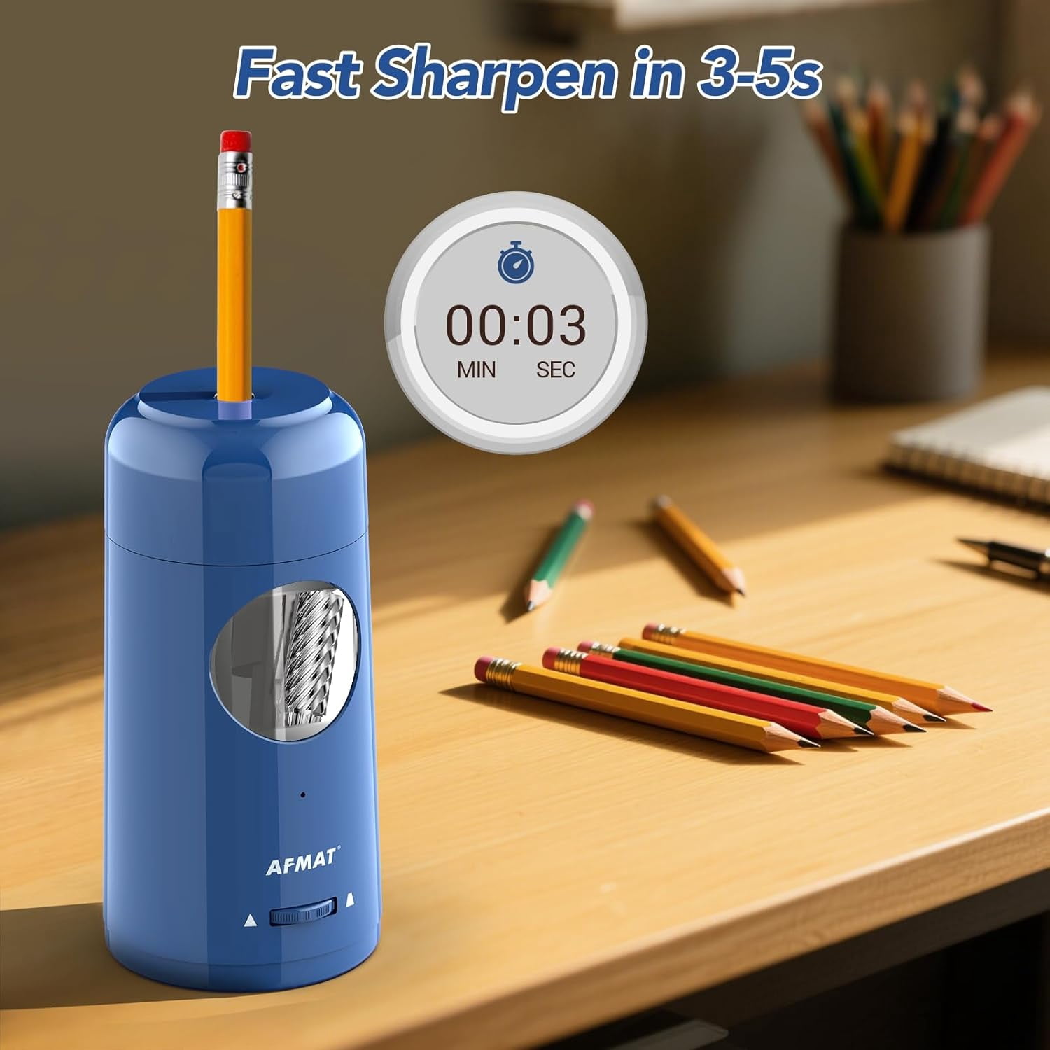 AFMAT Electric Pencil Sharpener, Rechargeable Fully Automatic Pencil Sharpener for Jumbo & Colored Pencils (7-11.5mm), Auto in/Out, Hands-Free, Portable for Home/Classroom/Office,Blue