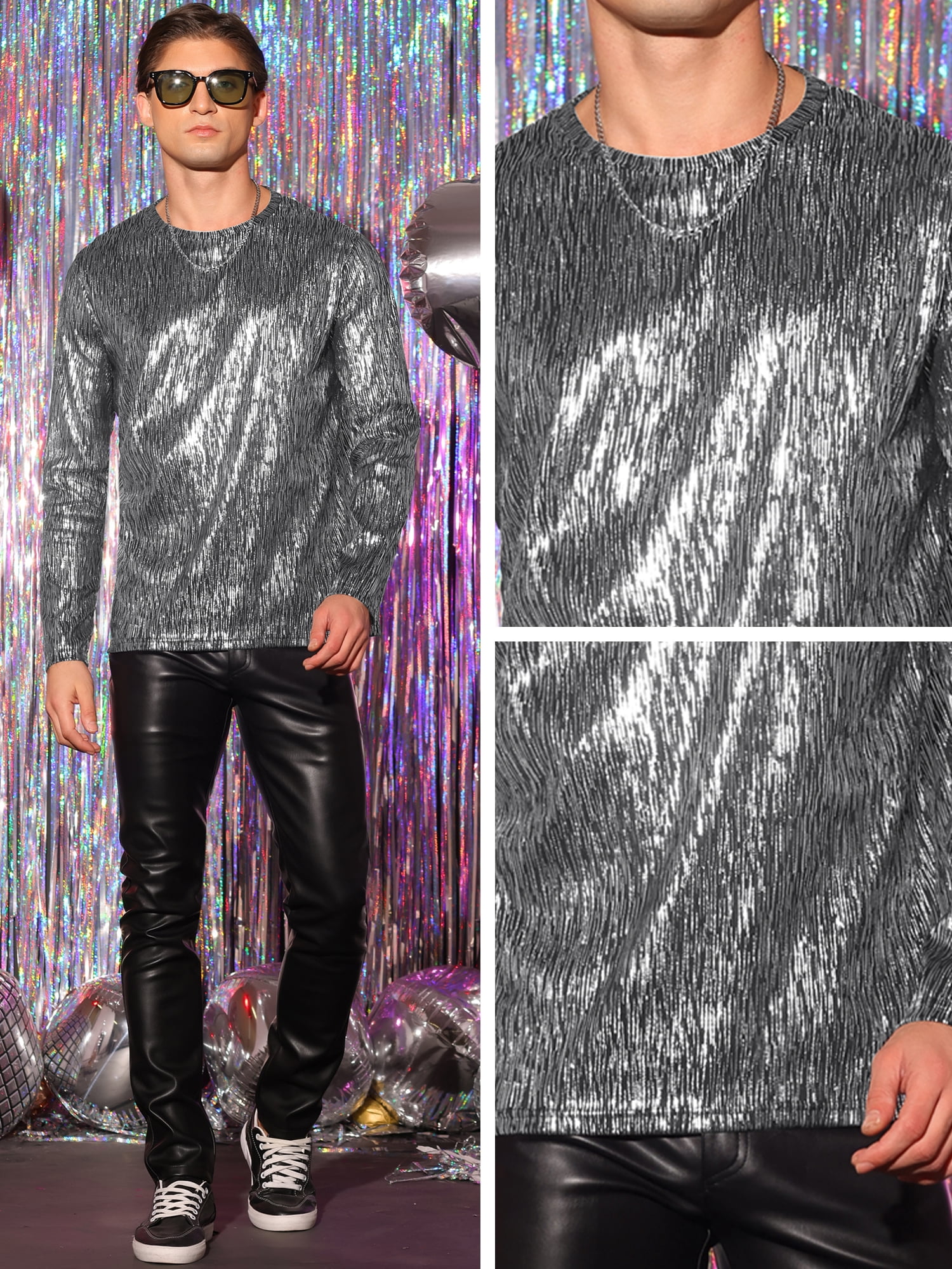 Unique Bargains Men's Metallic Long Sleeves Top Party Clubwear Shiny T-Shirt Tee Shirt L Silver