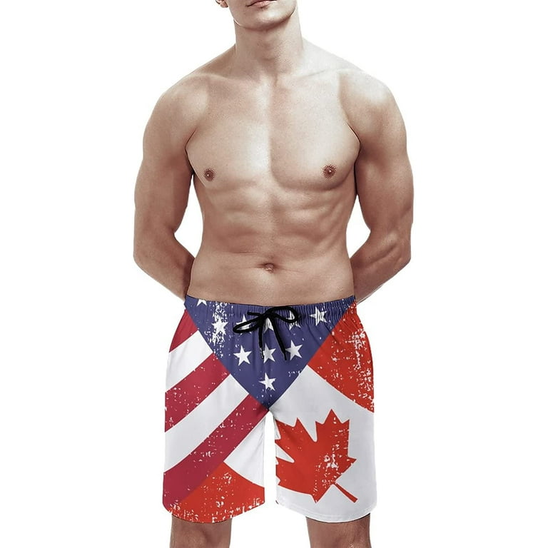 Men s Retro America Canada Flag Swim Trunks Quick Dry Beach Pants Board Shorts Bathing Suits with Mesh Lining and Pockets S 3XL