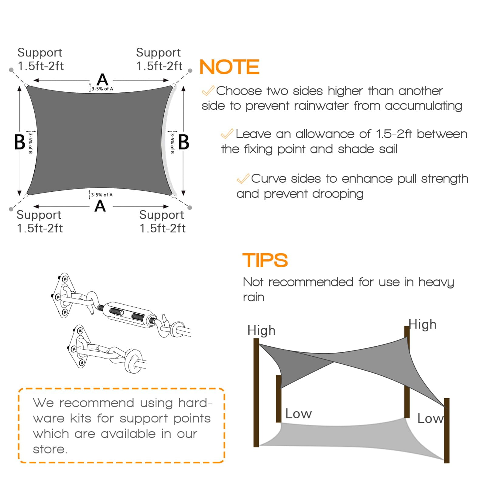 8'X12' HDPE Sunshade Sail, Dark Grey