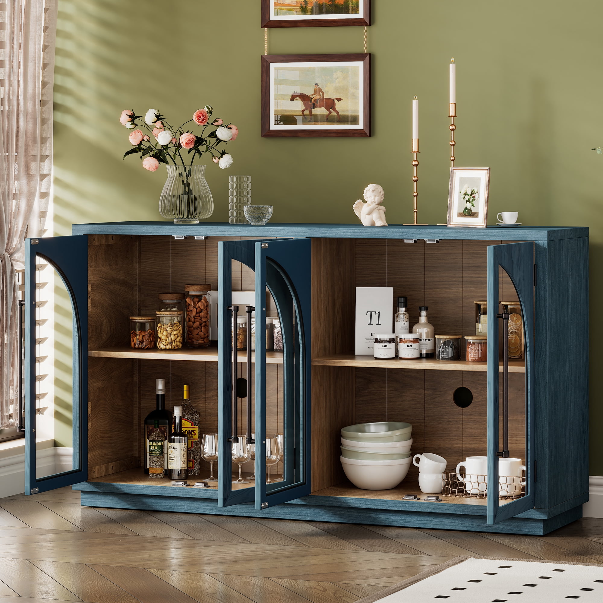 EUROCO 60" Large Sideboard Buffet Cabinet,Storage Cabinet with Glass Doors and Adjustable Shelves,Arched Kitchen Cabinet Display Cabinet for Kitchen, Living Room, Hallway,Navy