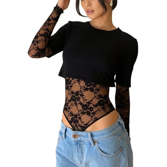 Women'S Lace Patchwork Tops Bodysuit Long Sleeve Crewneck Mesh Sheer Crop Going Out Party T-Shirts Black L