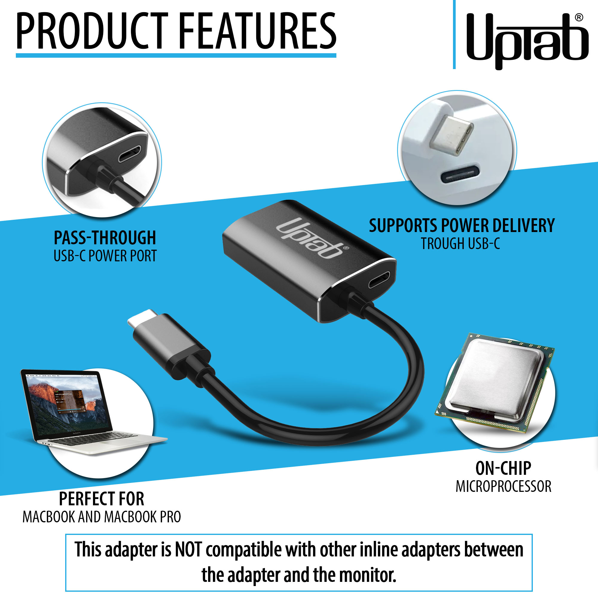 UPTab USB-C Thunderbolt 3 Male to Mini DisplayPort Male Cable with Power Port, Graphite