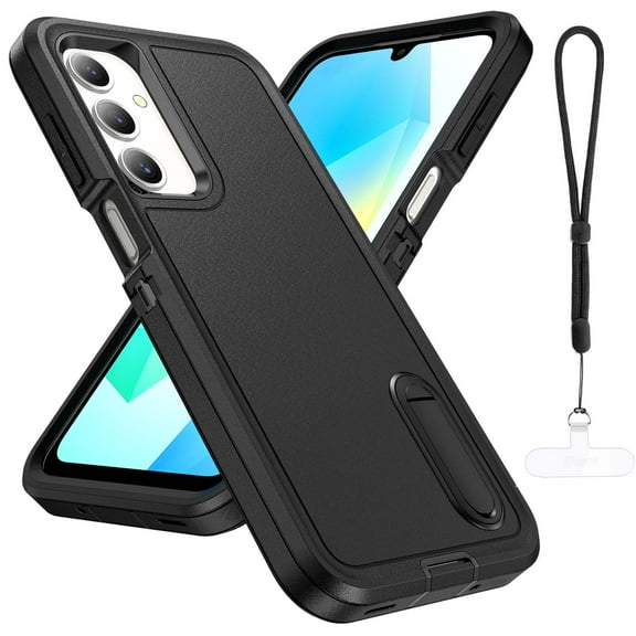 Dteck Case for Samsung Galaxy A36 5G with Built-in Kickstand, Heavy Duty Rugged Shockproof Protective Phone Cover with Lanyard Strap & Phone Tether Tab,Black
