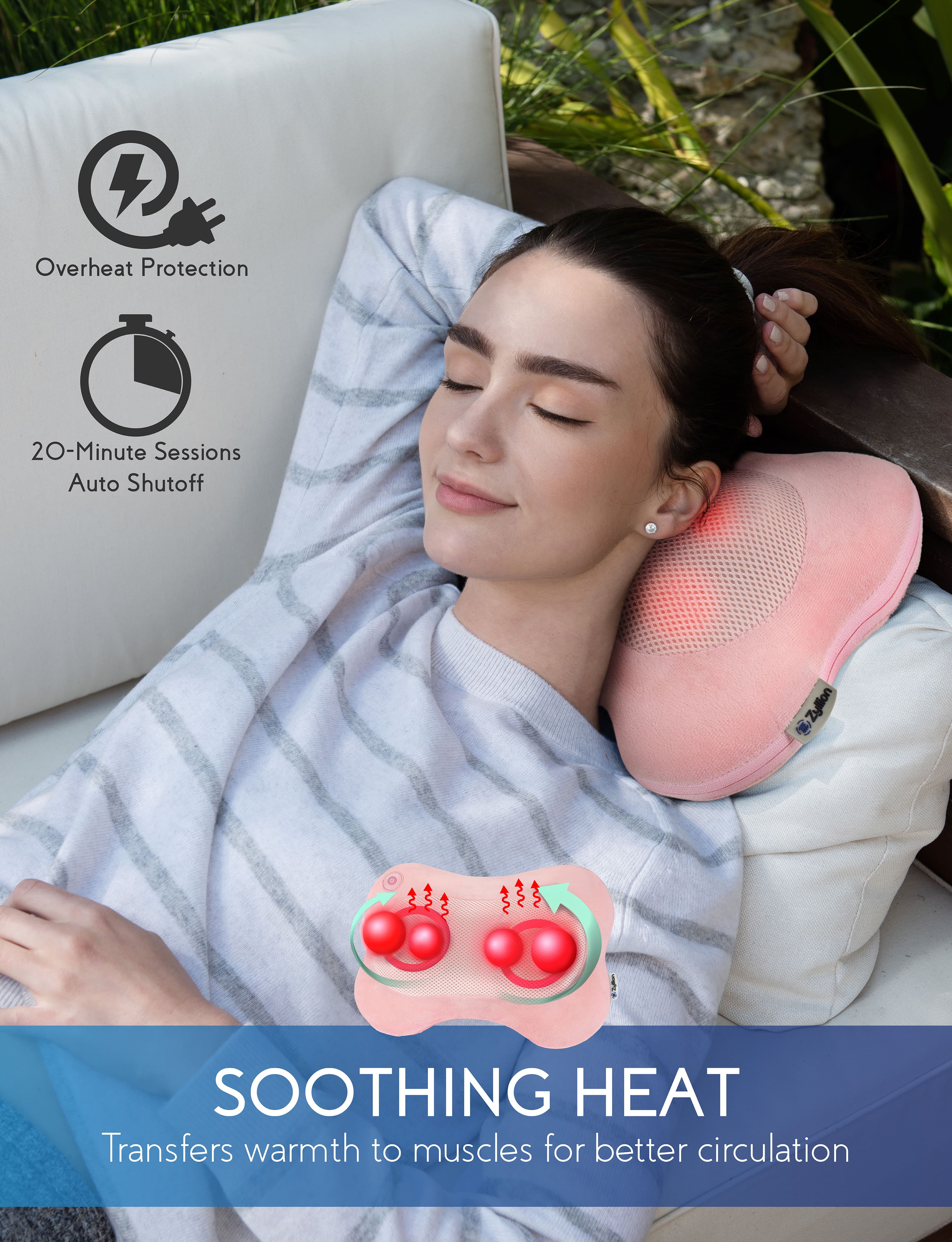 Zyllion Shiatsu Back & Neck Massager 3D Kneading Massage Pillow with Heat for Muscle Pain, Pink