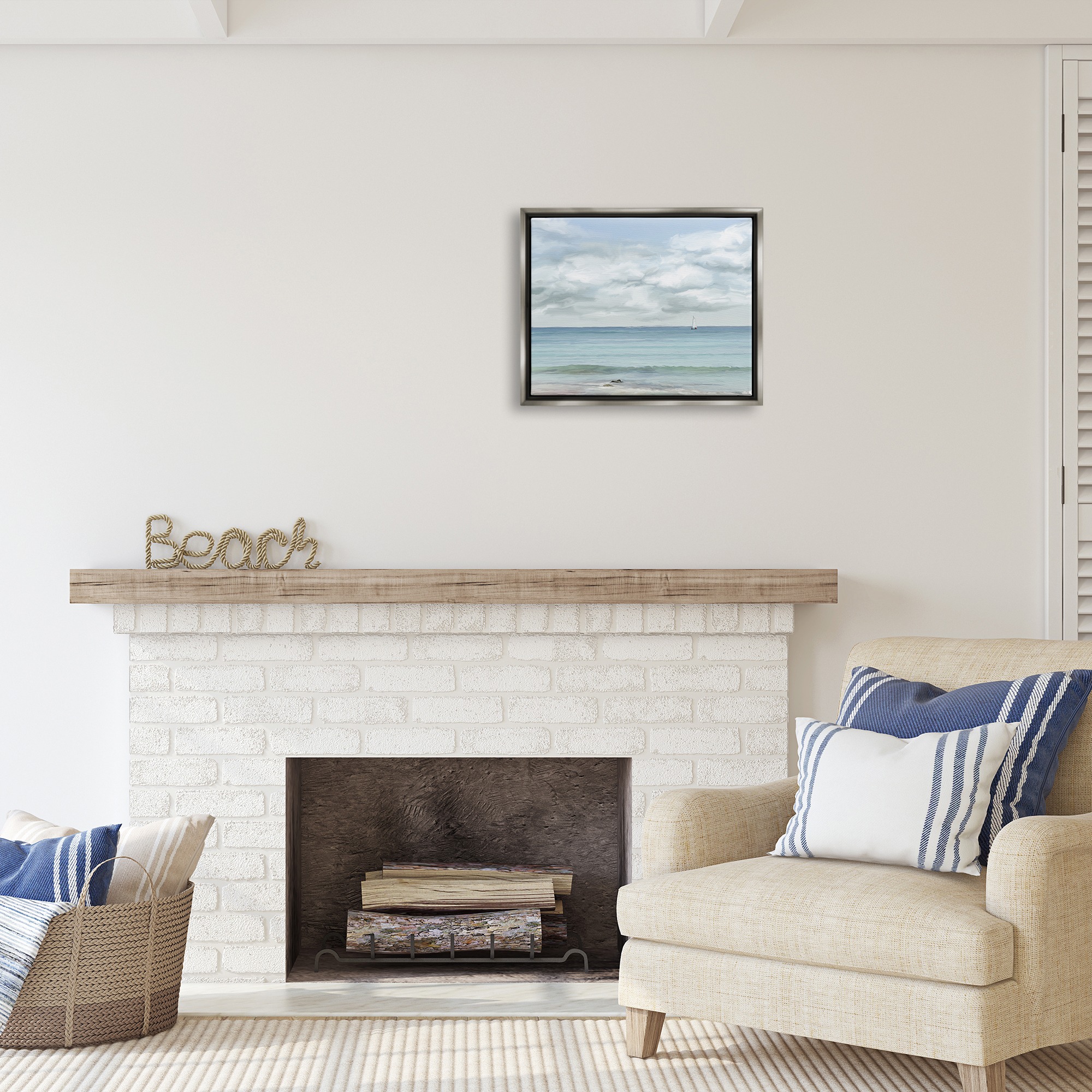 Stupell Industries Distant Sailboat Cloudy Shore Landscape Painting Gray Floater Framed Canvas Art Print Wall Art, 21 x 17