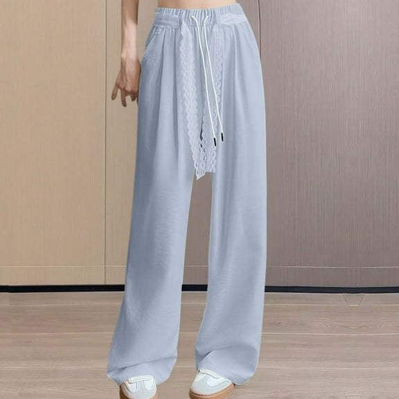 Zedker Trousers for Women Y2K Striped Drawstring High Waist Wide Leg Casual Pants with Pocket, Plus Size Blue M