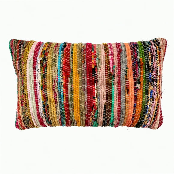 Vibrant Rainbow Chindi Pillow Cover - Boho Chic Decor - Handwoven 14x23 Inch Cushion Case - Colorful Ethnic Throw Pillow - Unique Home Accent