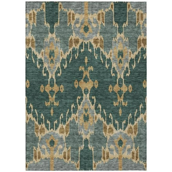 HomeRoots 584687 5 x 8 ft. Ikat Washable Indoor & Outdoor Rectangle Area Rug, Green, Gray & Gold