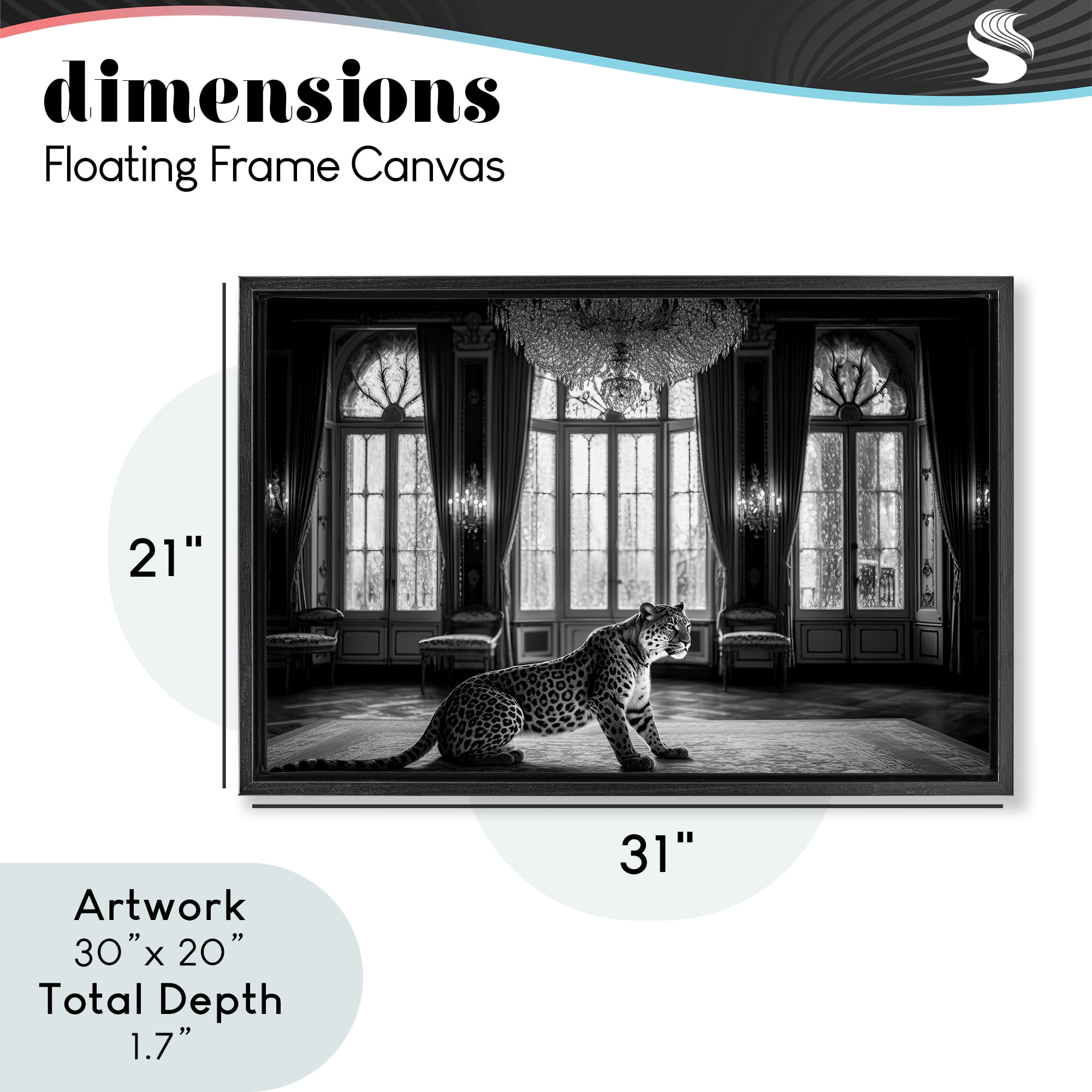 Snow Leopard in Opulent Mansion Black Framed Floater Canvas Wall Art, design by Decent Exposures