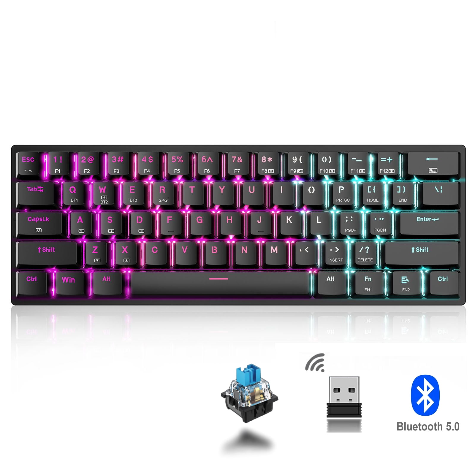 60% Wireless Mechanical Gaming Keyboard, GKG 2.4G/USB-C/Bluetooth with RGB Backlit, Blue Switch 61 Keys Mini Portable Keyboard for Windows Mac PC Gamer - Walmart.com