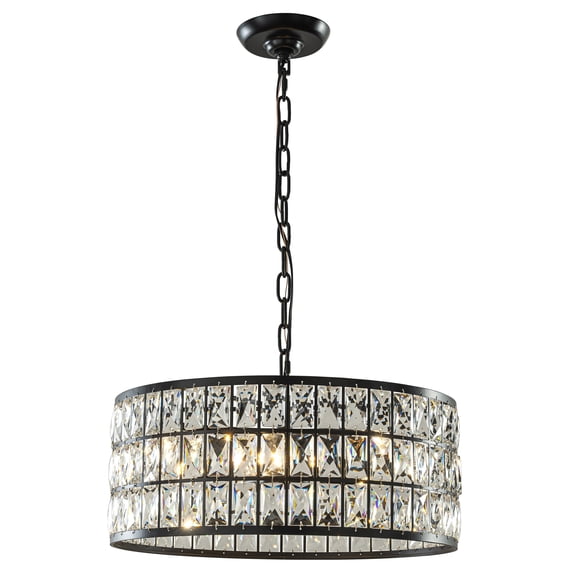 20'' Modern Crystal Chandelier Matte Black Finish 6-Light Round Drum Pendant Light Fixture for Dining Room Kitchen