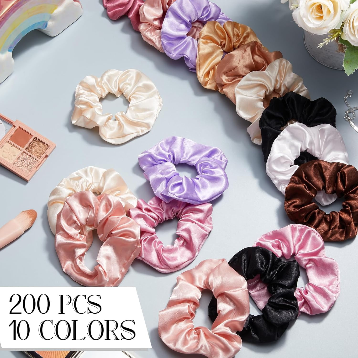 200 Pieces Satin Hair Scrunchies Bulk for Ponytail Holder Solid Color Satin Hair Tie Hair Elastics Bands for Women Teens Birthday Gift(Fresh Color)