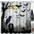 thumbnail image 1 of Spooky Halloween Shower Curtain - Graveyard Scene with Ravens & Bats, 1 of 5