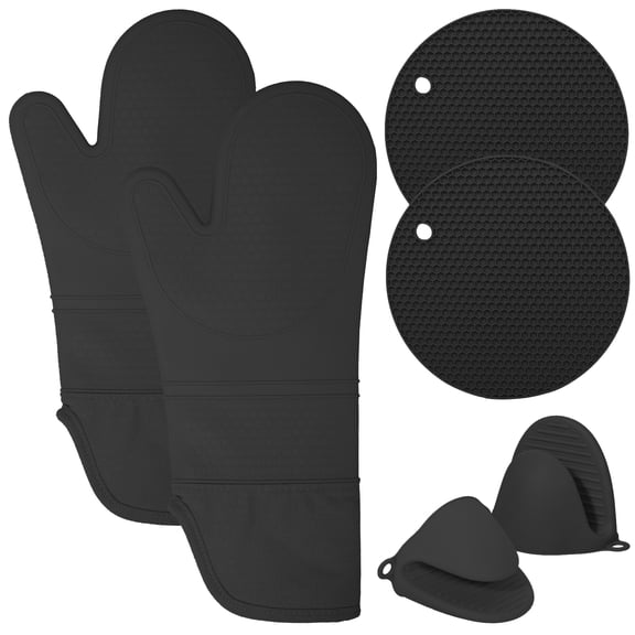 OVINESY Extra Long Silicone Oven Mitts Pot Holders Sets, Heat Resistant Oven Mittens with Mini Oven Gloves and Hot Pads Pot Holders for Kitchen Baking and Cooking, 6 Pcs, Black