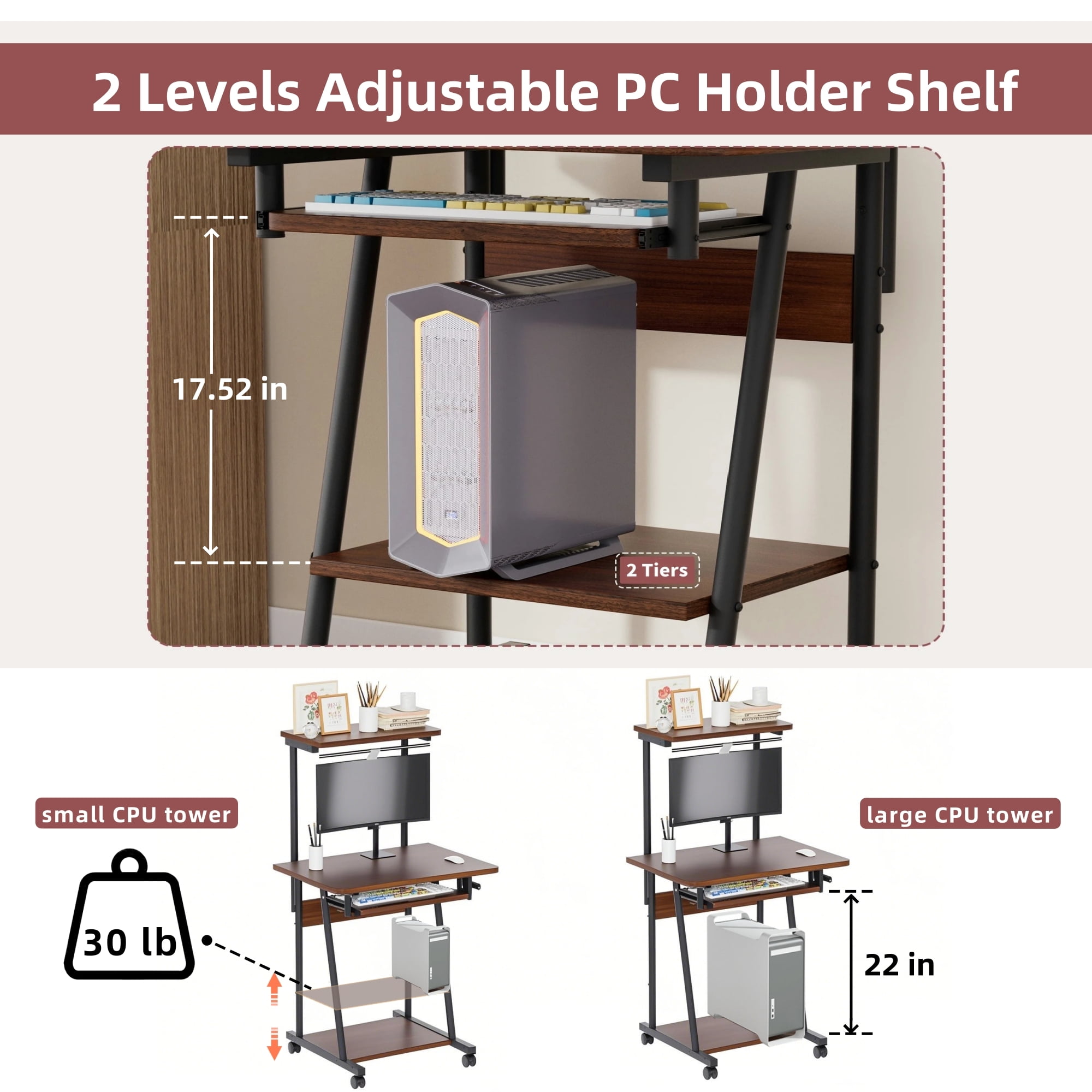 VGBYUJ Rolling Computer Desk, 3 Tier Mobile Computer Desk with Keyboard Tray & Print Shelf for Small Space, Home Office, Brown