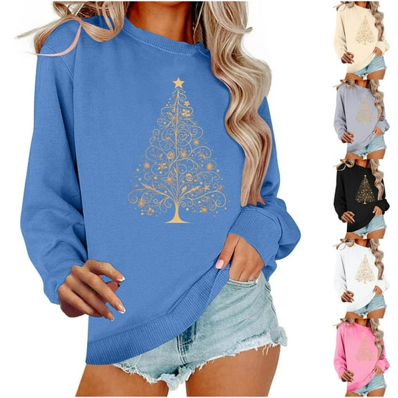 VKOYWKM Christmas Tree Print Sweatshirts for Women Christmas Sweatshirt Fleece Long Sleeve Crewneck Pullover Tops Holiday Gifts Oversized Sweatshirt