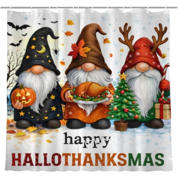 Moderong Hallothanksmas Gnome Shower Curtain 72 x 72 Inch with 12 Hooks Holiday Bathroom Curtain Halloween Thanksgiving Christmas Gnomes Decor