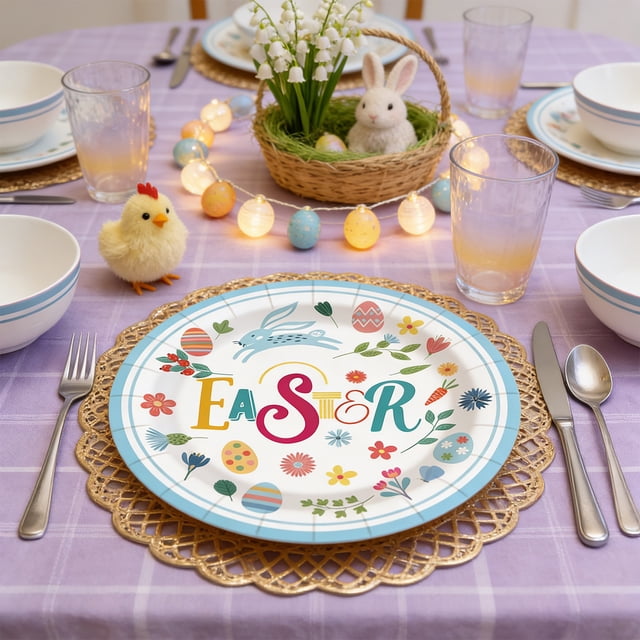 Easter Paper Plates & Party Supplies Set | Disposable Dinnerware with Bunny & Egg Designs | 10 Large 9-Inch & 10 Small 7-Inch Plates, 20 Napkins, Tablecloth | Spring Holiday Party Decorations