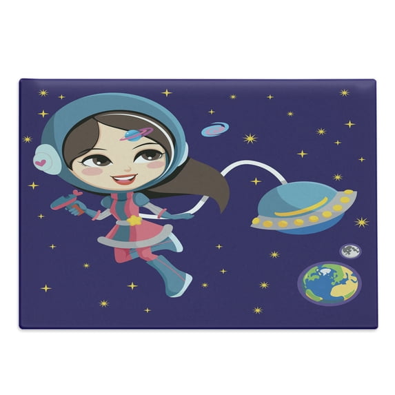 Retro Cutting Board, Little Girl Exploring Space with Cosmic Fashion Galactic Adventure Cartoon, Decorative Tempered Glass Cutting and Serving Board, Large Size, Multicolor, by Ambesonne