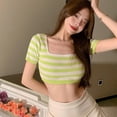 thumbnail image 6 of Korean Style Square Neck Striped Slim-Fit Cropped Knit Short-Sleeved Top One Size TOPWONER, 6 of 6