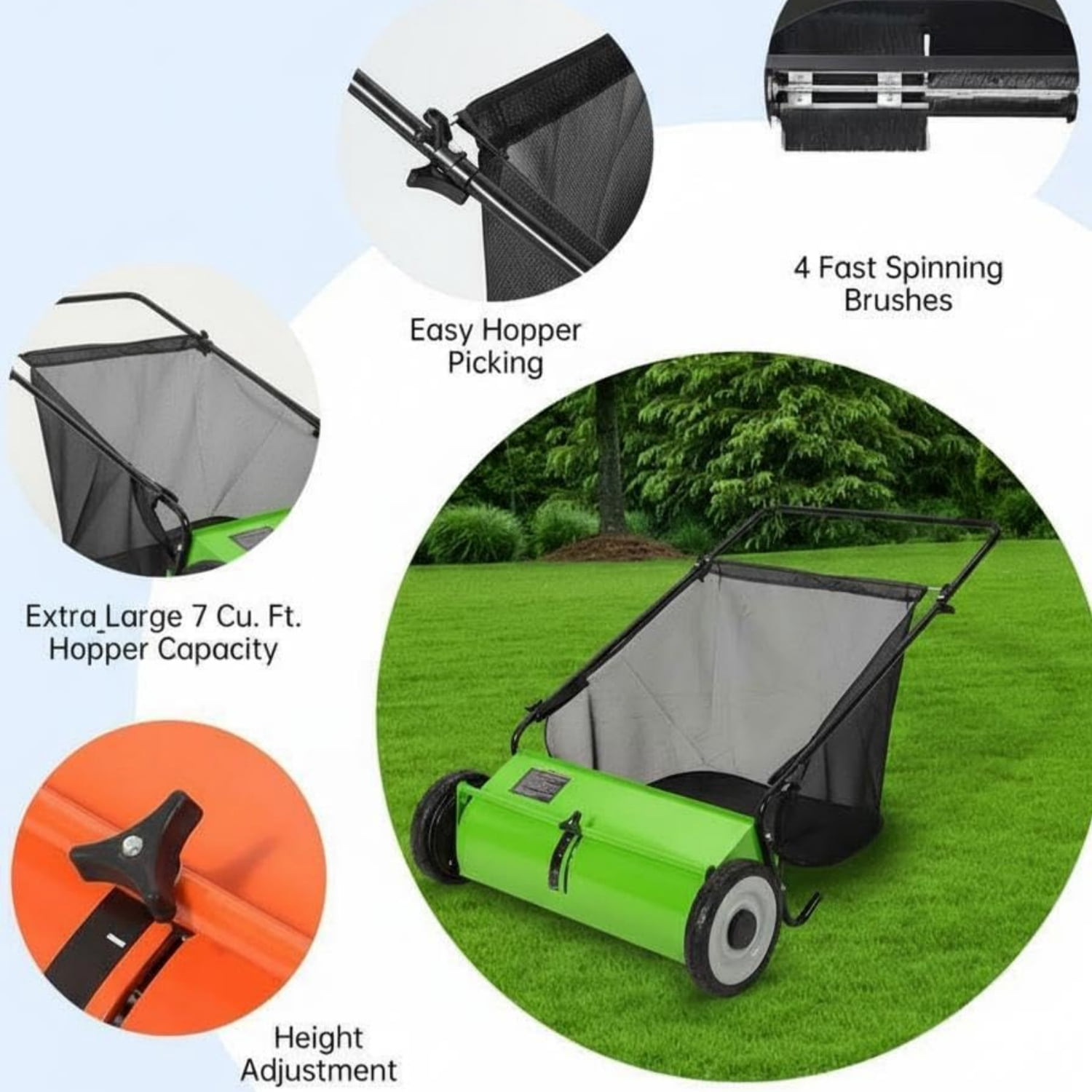 Riedhoff 26" Push Lawn Sweeper,4 Spinning Brushes, 7 Cu. Ft Capacity Collection Bag, Adjustable Height, Light Green