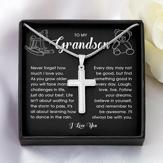 To My Grandson Cross Necklace, Meaningful Christian Necklace Gift for Him, Unique Sentimental Birthday Christmas Gift, Cross Jewelry Present from Grandma Grandpa
